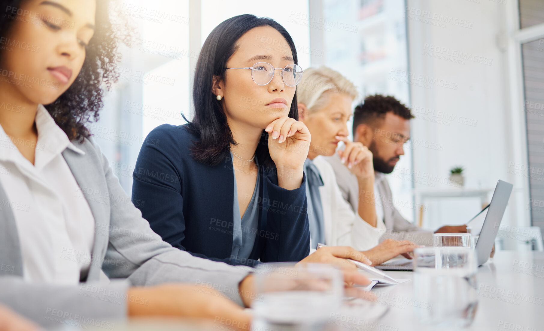 Buy stock photo Conference meeting, woman or row of thinking people planning, problem solving or brainstorming solution. Diversity audience, business panel focus or Asian person contemplating ideas, plan or strategy