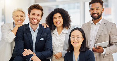 Buy stock photo Teamwork, happy and portrait of business people in office with confidence, pride and motivation. Professional, diversity and group of men and women smile for success, company mission and happiness