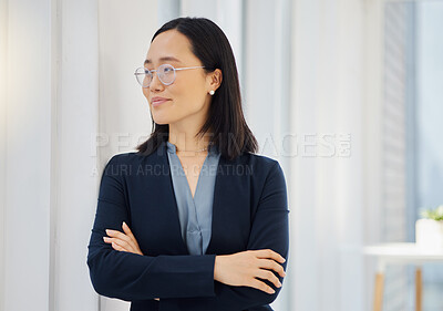 Buy stock photo Office window, arms crossed and confident Asian woman looking at workplace view, happy and thinking about startup growth. Entrepreneurship success, pride and business person smile in Japan company HQ