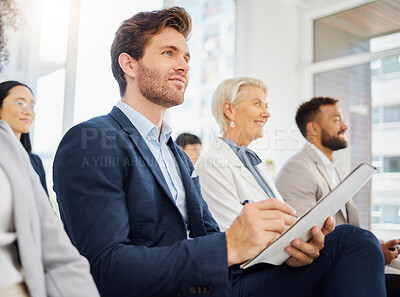Buy stock photo Audience, notebook and happy man writing notes of tradeshow speech, seminar presentation or convention event. Trade show attention, conference meeting or business crowd listening in training workshop