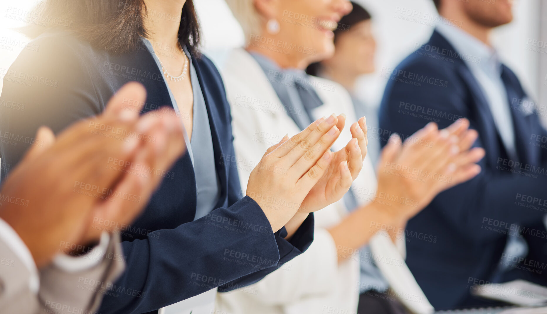 Buy stock photo Convention crowd, hands or business people applause for congratulations, project strategy success or workshop. Support, office meeting and seminar audience, team or group clapping for successful plan