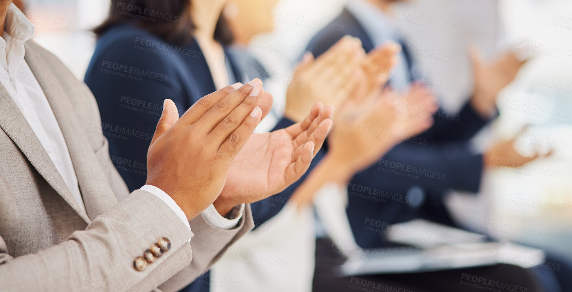 Buy stock photo Audience row, hands or office team applause for congratulations, promotion winner or company growth. Trade show, conference meeting and seminar people clapping for convention presentation