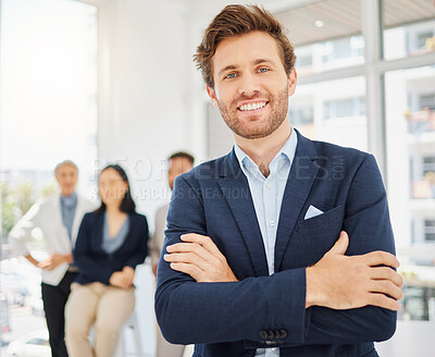 Buy stock photo Corporate, happy and portrait of business man in office with confidence, pride and crossed arms. Leadership, corporate and male entrepreneur with smile for success, company mission and happiness