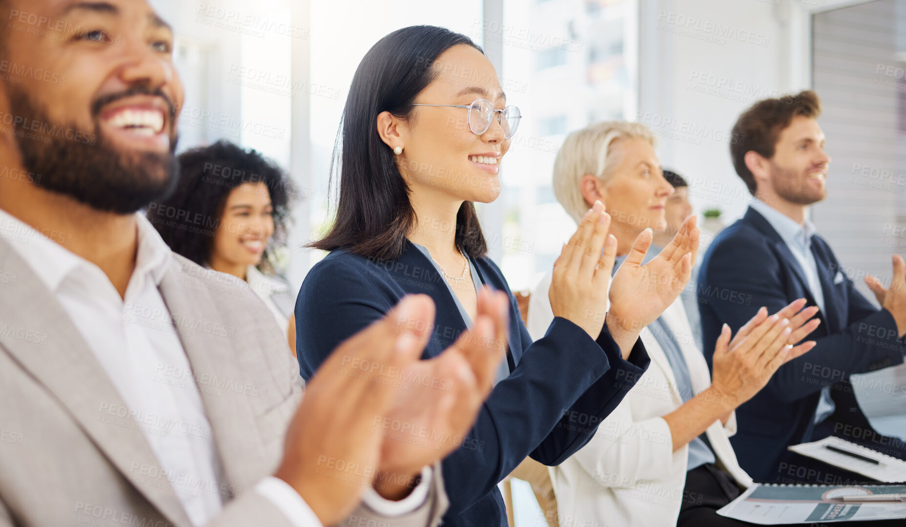 Buy stock photo Happy audience, diversity or business people applause for trade show success, convention presentation or seminar achievement. Support, conference meeting and crowd clapping for motivational speech