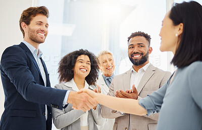 Buy stock photo Partnership hand shake, happy or business people applause for acquisition agreement, partner deal or merger success. Thank you handshake, congratulations or diversity group clapping for job promotion