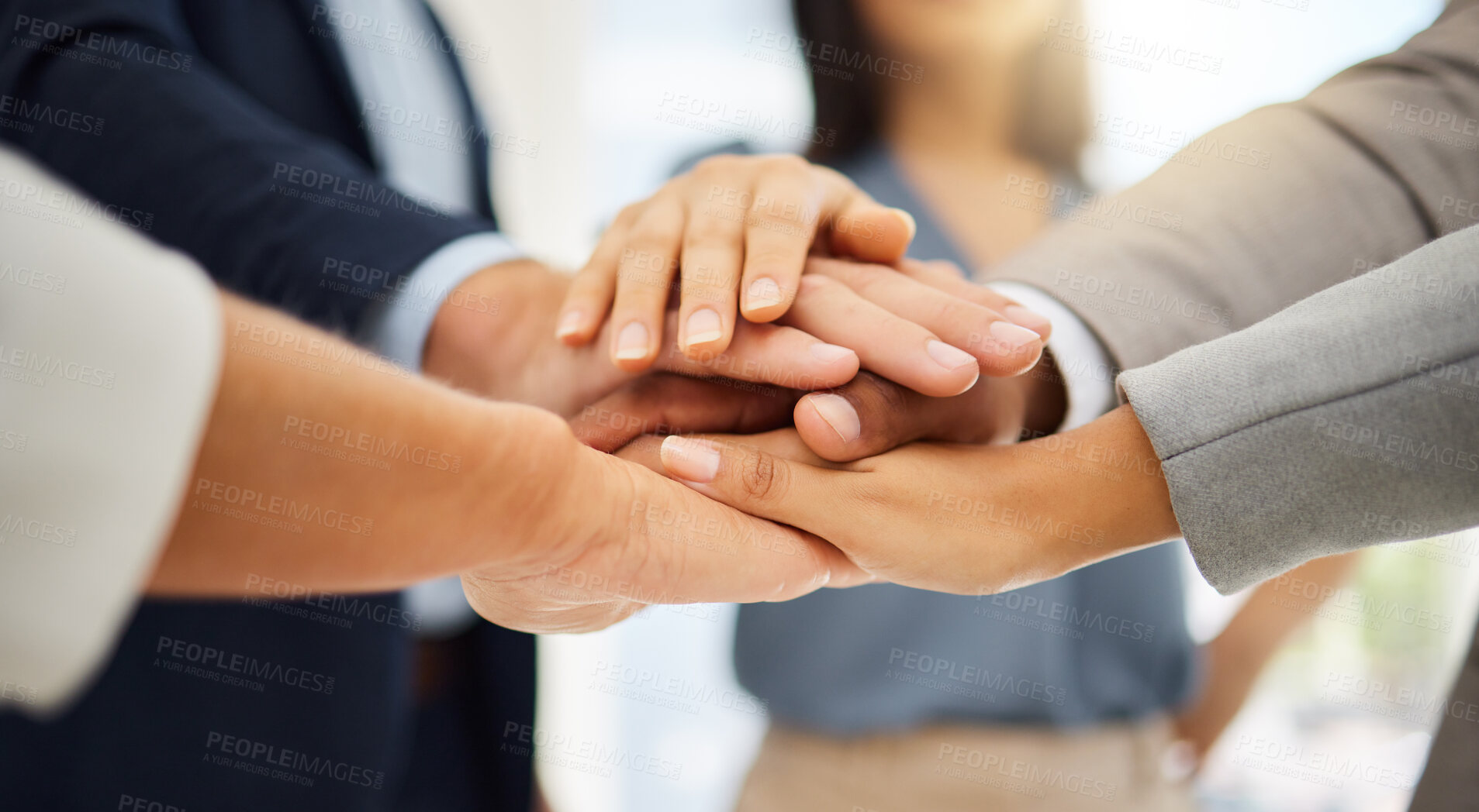 Buy stock photo Support, business people collaboration and hands stack together in solidarity, trust and teamwork cooperation. Community, team building mission and professional employee team united for group project