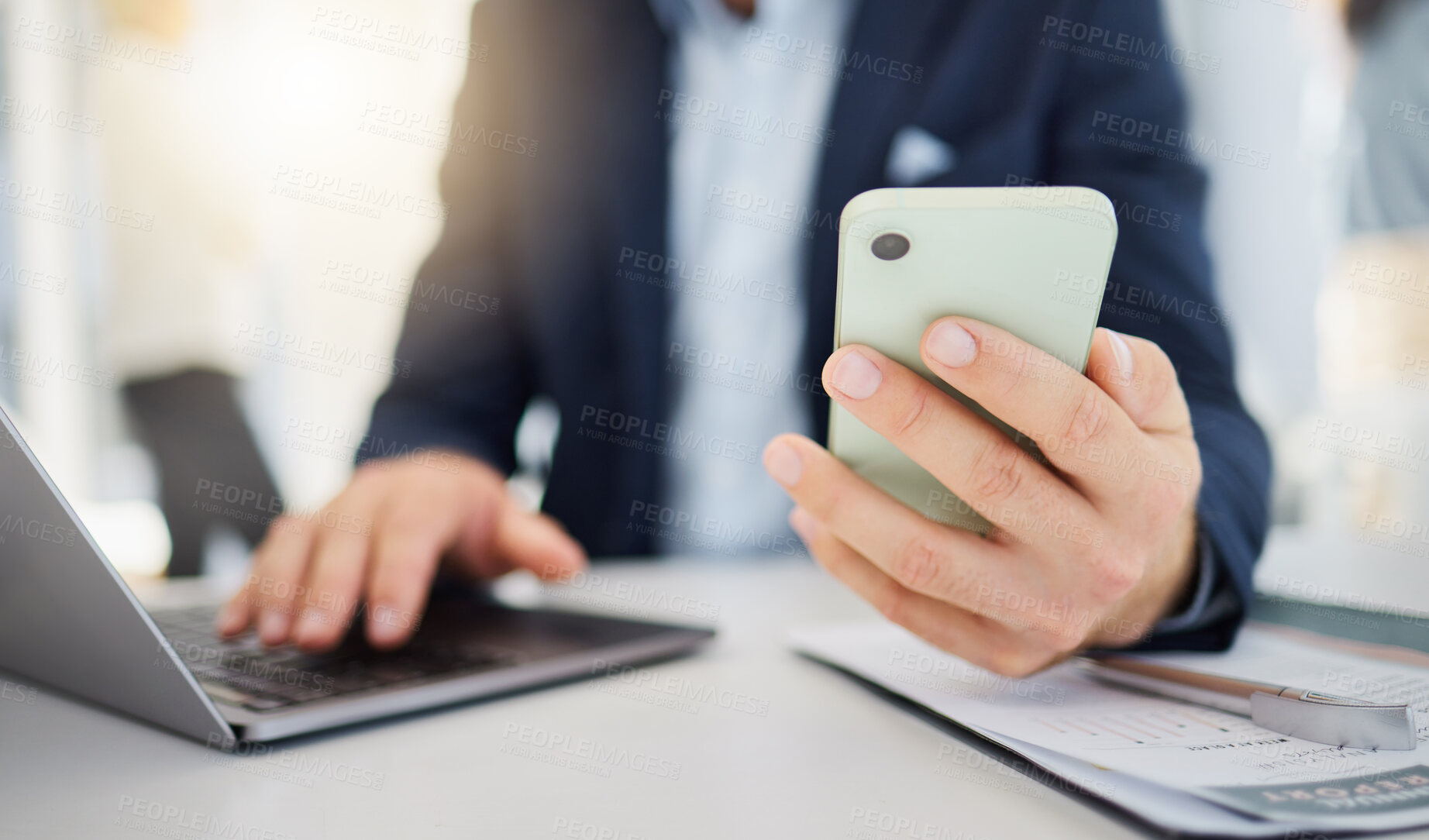 Buy stock photo Phone, closeup and laptop with hands of man in office for research, planning and networking. Technology, digital and communication with male employee for contact, online connection and email