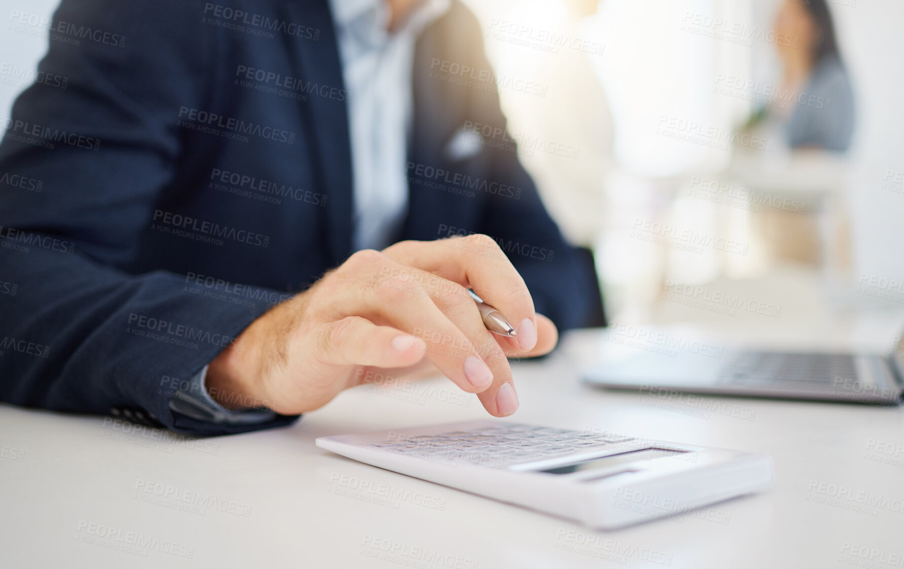 Buy stock photo Businessman, hands and calculator for finance, budget or expense in accounting or planning at office. Hand of male accountant working on financial plan, strategy or investment of corporate expenses