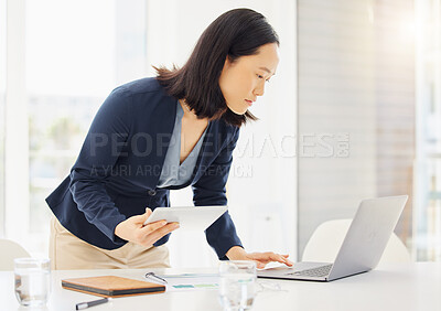 Buy stock photo Tablet, research and laptop with business woman in office for planning, online report and email. Technology, communication and connection with asian female employee for corporate, idea and review