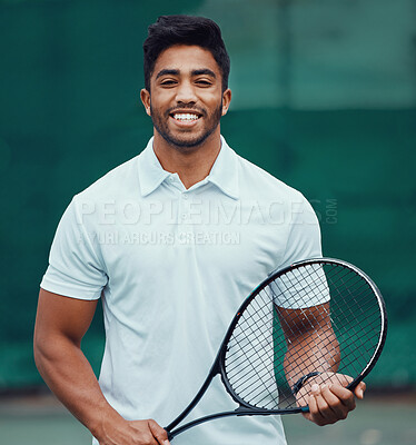 Buy stock photo Sports, tennis and portrait of happy man with racket, fitness mindset and confidence for game on court. Workout goals, pride and happiness, male athlete with motivation for health, wellness and sport