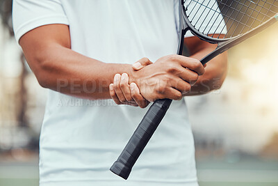 Buy stock photo Tennis court, hand injury and man with racket for sports, fitness and match with discomfort or bruise. Joint pain, wrist and male player with arthritis, osteoporosis or fibromyalgia during training