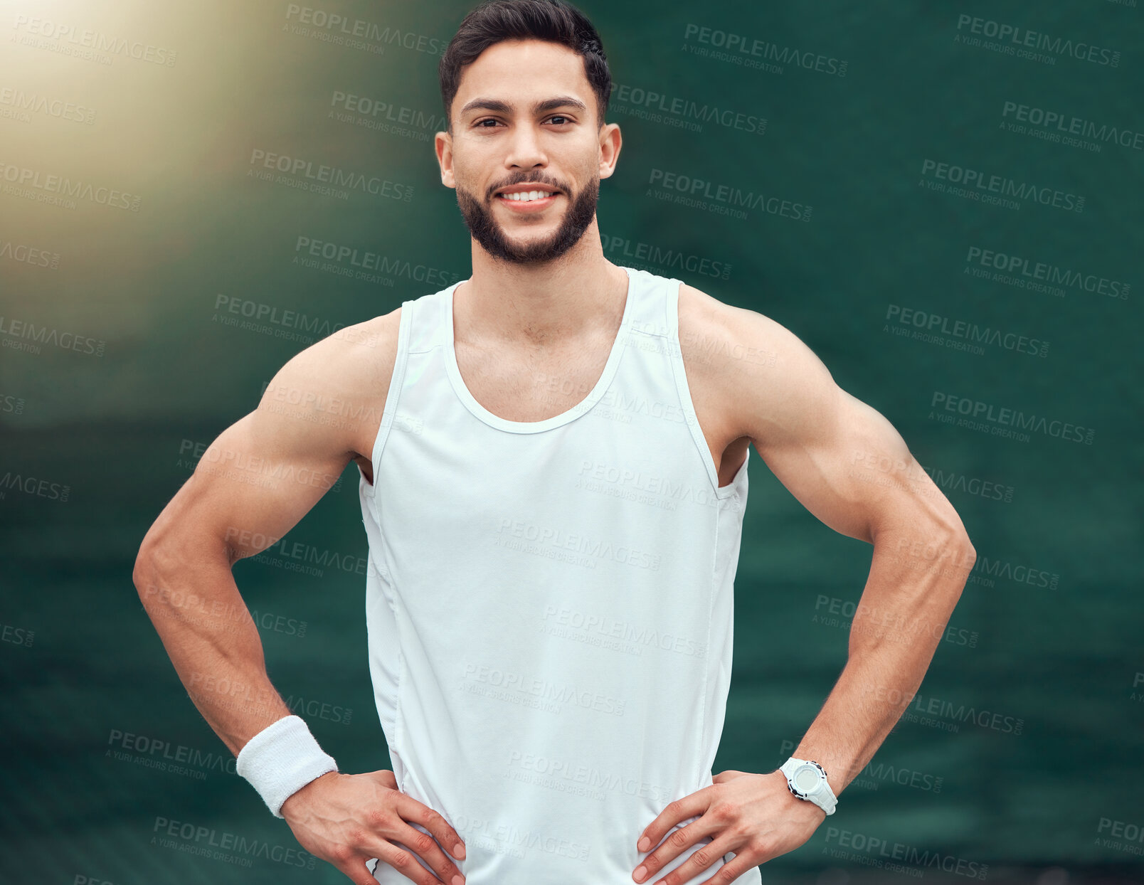 Buy stock photo Sports, tennis and portrait of happy man with confidence, fitness mindset and muscle on game court. Workout goals, pride and happiness, male athlete with smile, motivation for health and wellness.