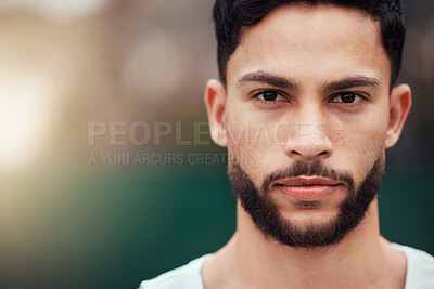 Buy stock photo Sports, serious closeup and portrait of man with fitness mindset, confidence and focus with mockup space. Workout goals, pride and face of male athlete with motivation for health, wellness and zoom.
