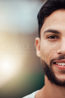 Buy stock photo Sports, closeup and half portrait of happy man with fitness mindset, confidence and mockup space. Workout goals, pride and happiness, face of male athlete with motivation in health, wellness and zoom