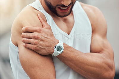 Buy stock photo Shoulder pain, hand and man with injury during fitness, running or exercise outdoors. Injured, arm and male runner with arthritis, osteoporosis or sports accident during run or workout