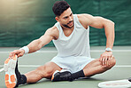 Full length smiling mixed race tennis player stretching legs and getting ready for court game. Hispanic fit athlete sitting alone and holding stretch as warmup before match. Sporty man in sports club