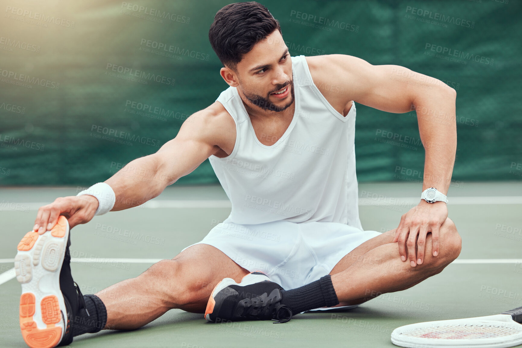 Buy stock photo Man, tennis and stretching body on court getting ready for fitness, match or game in the outdoors. Fit and active male person or sport player in warm up leg stretch for workout exercise or training