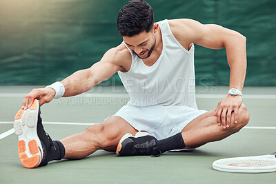 Buy stock photo Man, tennis and stretching body in fitness on court getting ready for match or game in the outdoors. Fit and active male person or sport player in warm up leg stretch for workout exercise or training