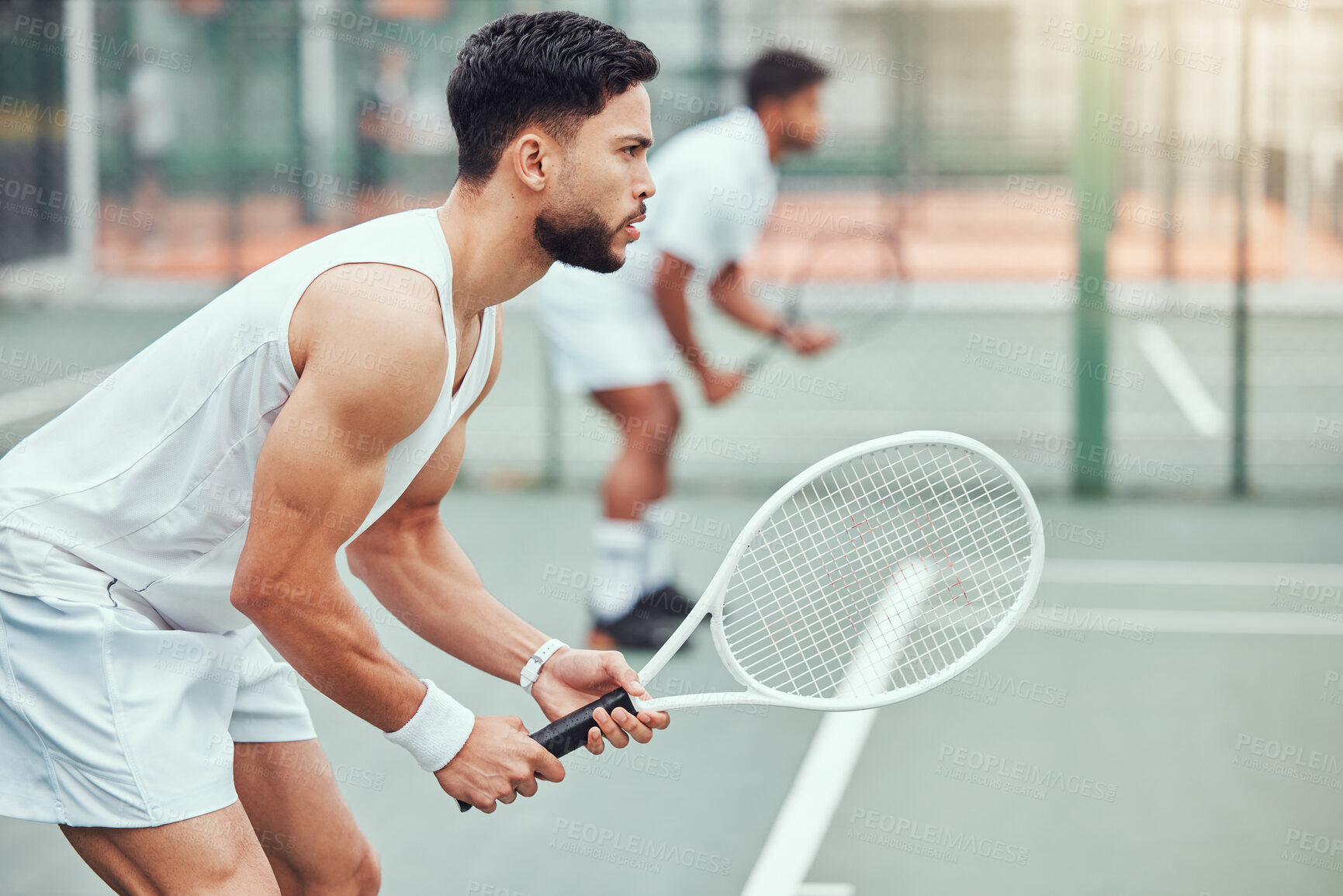 Buy stock photo Man, tennis and team is ready on a court for game and exercise with wellness in india. Male athlete, together and racket for competition with fitness for a challenge with a workout in the outdoor.
