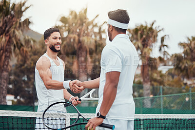 Buy stock photo Man, tennis and handshake for partnership, game or match in competition together on the court. Men or friends shaking hands for sports training, teamwork or support in friendship, deal or agreement