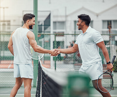 Buy stock photo Happy man, tennis and friends in handshake for fitness, partnership or deal in competition or game on court. Men shaking hands for sports training, teamwork or support in friendly match or agreement