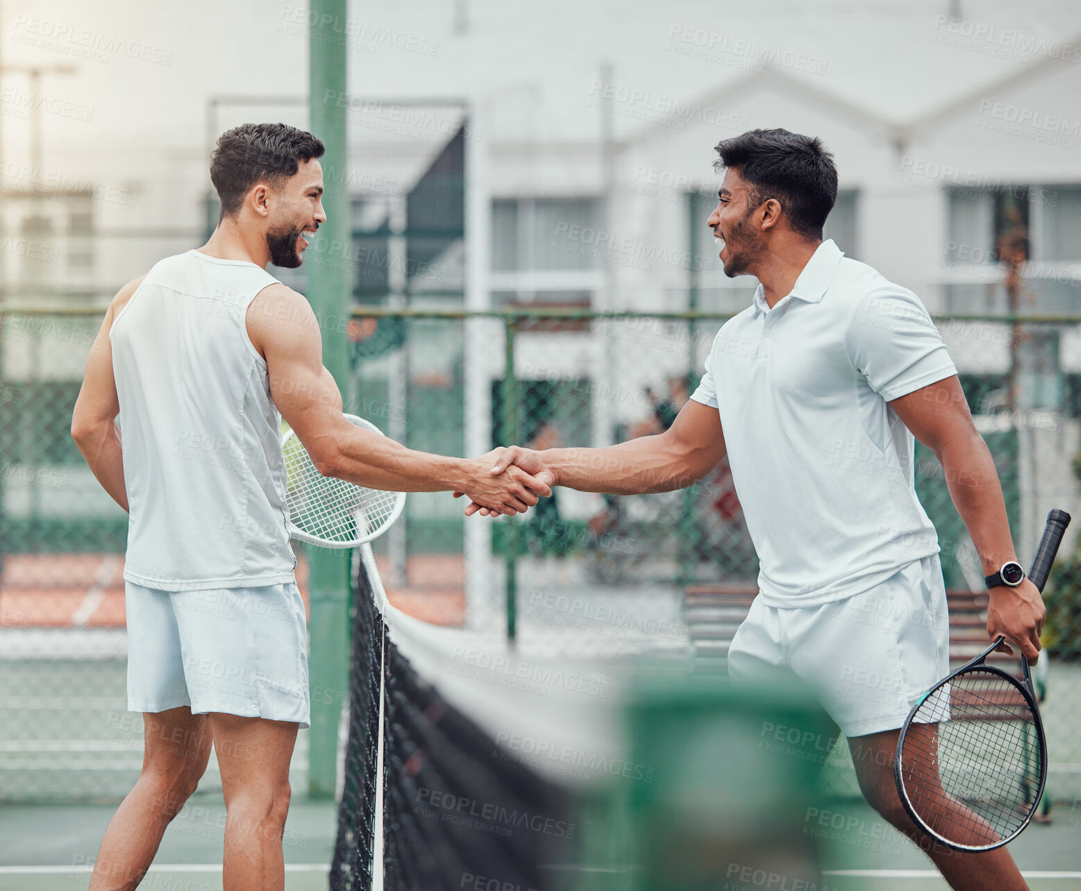 Buy stock photo Happy man, tennis and friends in handshake for fitness, partnership or deal in competition or game on court. Men shaking hands for sports training, teamwork or support in friendly match or agreement