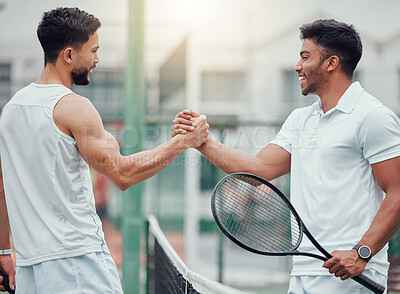 Buy stock photo Happy man, tennis and friends in handshake for partnership, fitness or deal in competition or game on court. Men shaking hands for sports training, teamwork or support in friendly match or agreement