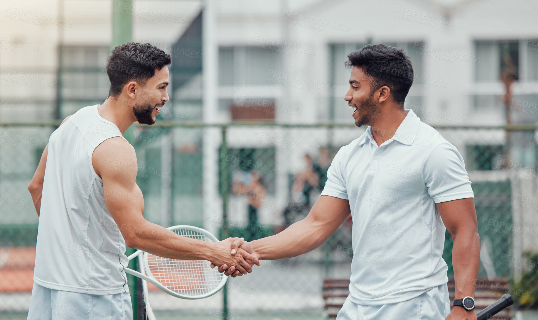 Buy stock photo Happy man, tennis and handshake for fitness, partnership or deal in competition or game on court. Men or friends shaking hands for sports training, teamwork or support in friendly match or agreement