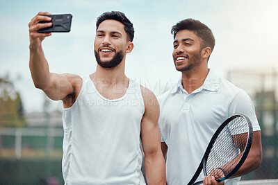 Buy stock photo Happy man, friends and tennis selfie for social media, profile picture or online post together on the court. Athletic men smiling in sports training for photo, memory or vlog in friendship or fitness