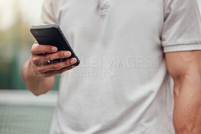 Buy stock photo Man, hands and phone for social media, communication or chatting and typing in sports networking on tennis court. Hand of male person or sport athlete on mobile smartphone for online chat or texting