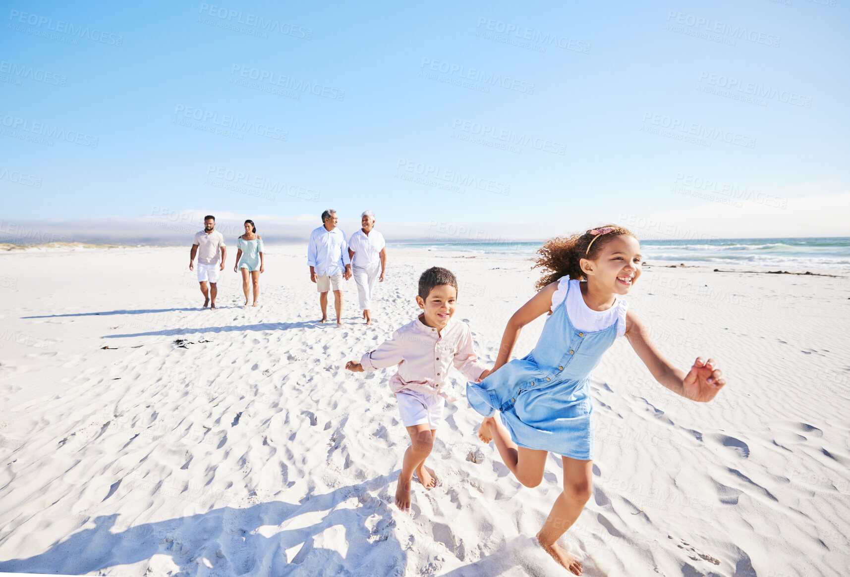 Buy stock photo Excited, beach or happy children running or playing in summer with happiness or joy in nature. Kids, lovely girl or young boy bonding with a happy girl or playful sister walking as a family together 