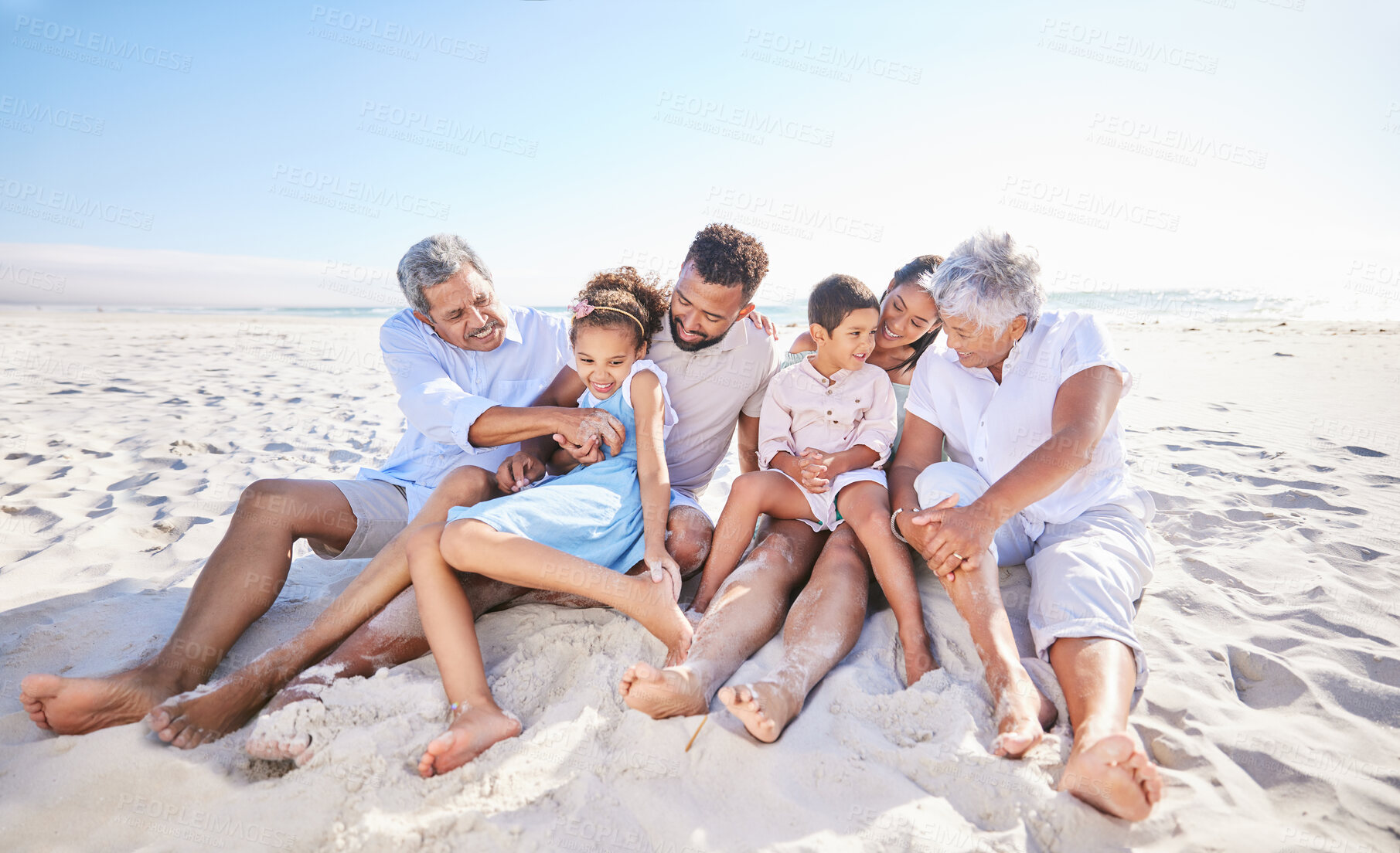 Buy stock photo Vacation, travel or big family on beach to relax in nature bonding to enjoy quality time in summer. Happy kids, wellness or children laughing with grandparents, father or mother by ocean on holiday