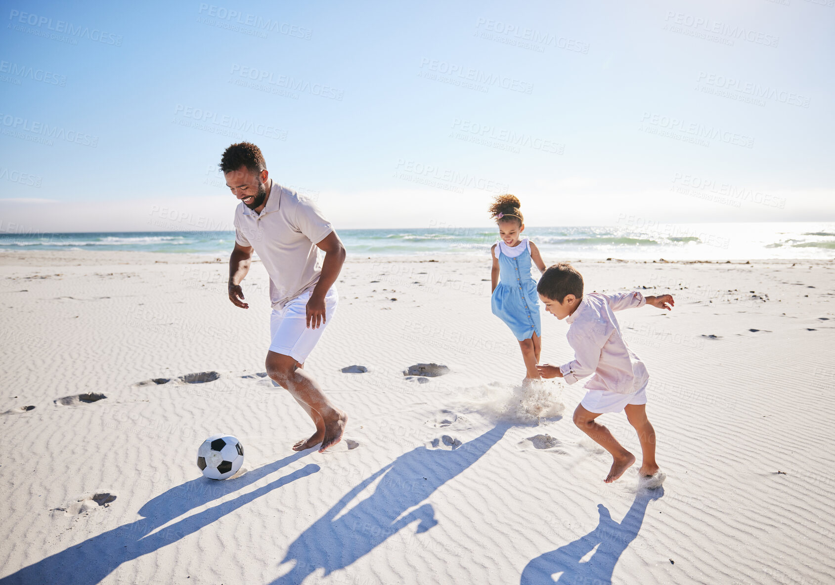 Buy stock photo Soccer ball, family and running at the beach with freedom, happy and playing in nature. Kick, games and children with father at the ocean for travel, vacation and football while traveling in Miami