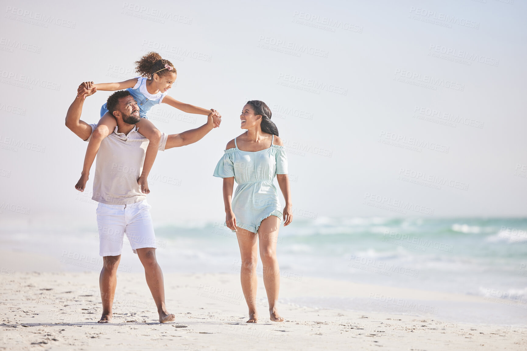 Buy stock photo Holding hands, beach or parents walking with a girl for a holiday vacation together with happiness. Piggyback, mother and father playing or enjoying family time with a happy child or kid in summer