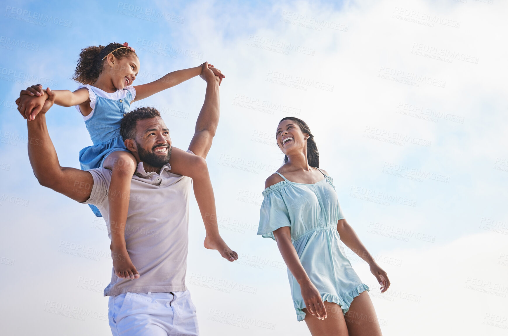 Buy stock photo Piggyback, sea or parents walking with a child for a holiday vacation together with happiness in summer. Holding hands, mother and father playing or enjoying family time with a happy girl or kid 