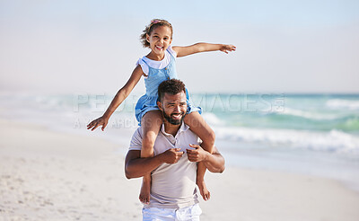 Buy stock photo Piggyback, sea or father walking with a child for a holiday vacation together with happiness in summer. Smile, fly or dad playing or enjoying family time with a happy girl or young kid on beach sand 