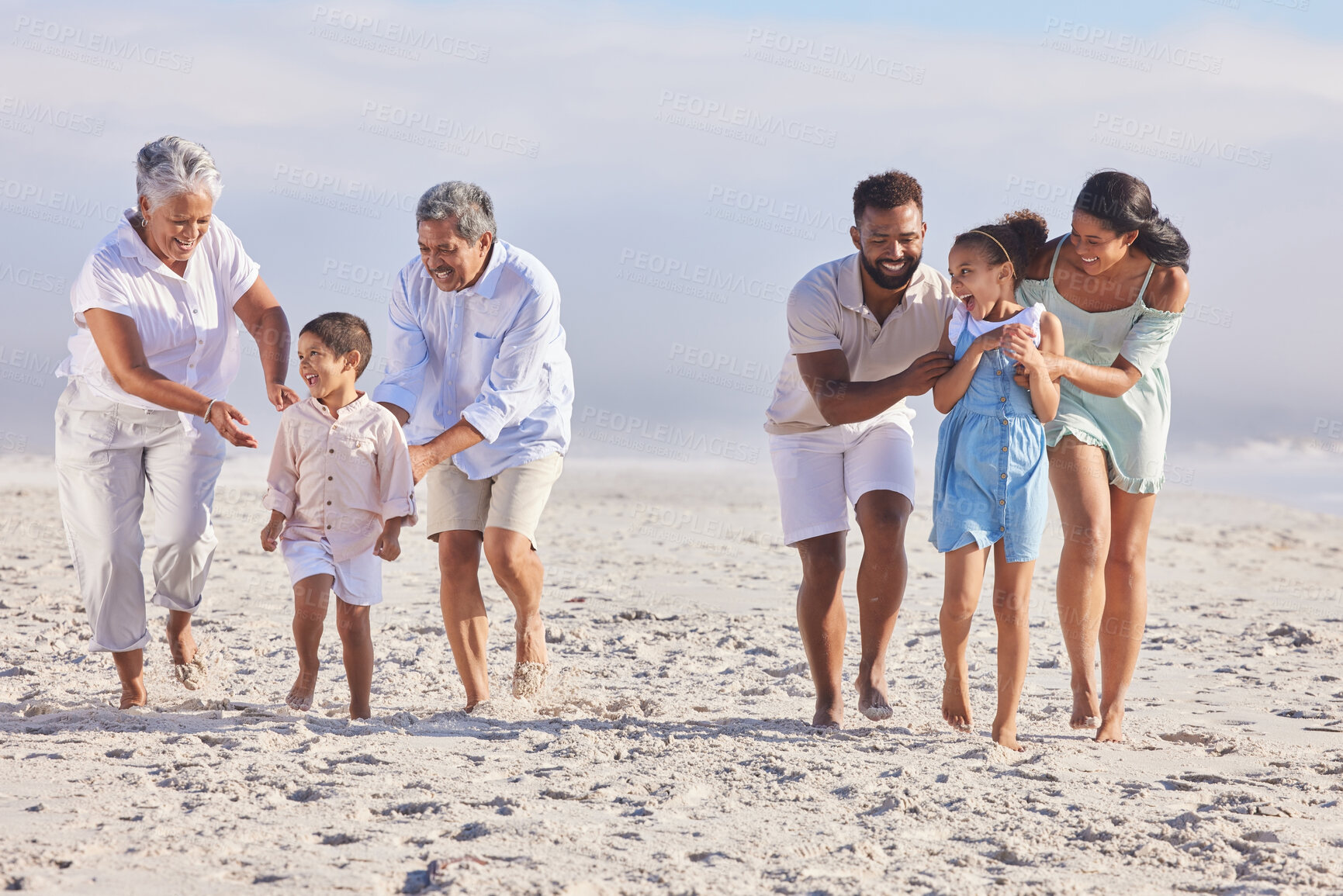 Buy stock photo Big family, grandparents or happy kids walking on beach to relax with siblings on fun holiday together. Dad, mom or children love bonding, smiling or playing with senior grandmother or grandfather 