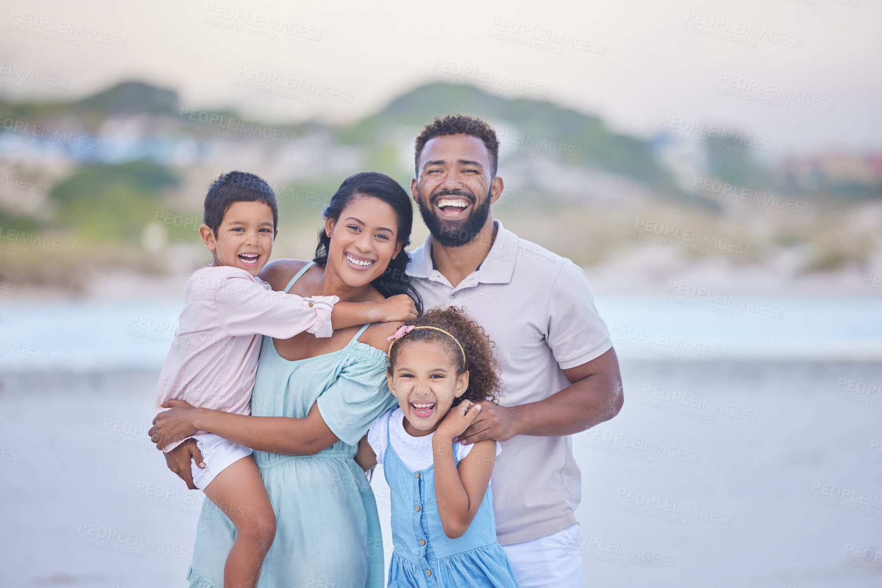 Buy stock photo Happy family, parents or portrait of children on beach to travel with a smile, joy or love on holiday vacation. Mom, siblings or father with kids for tourism in Mexico with happiness bonding together