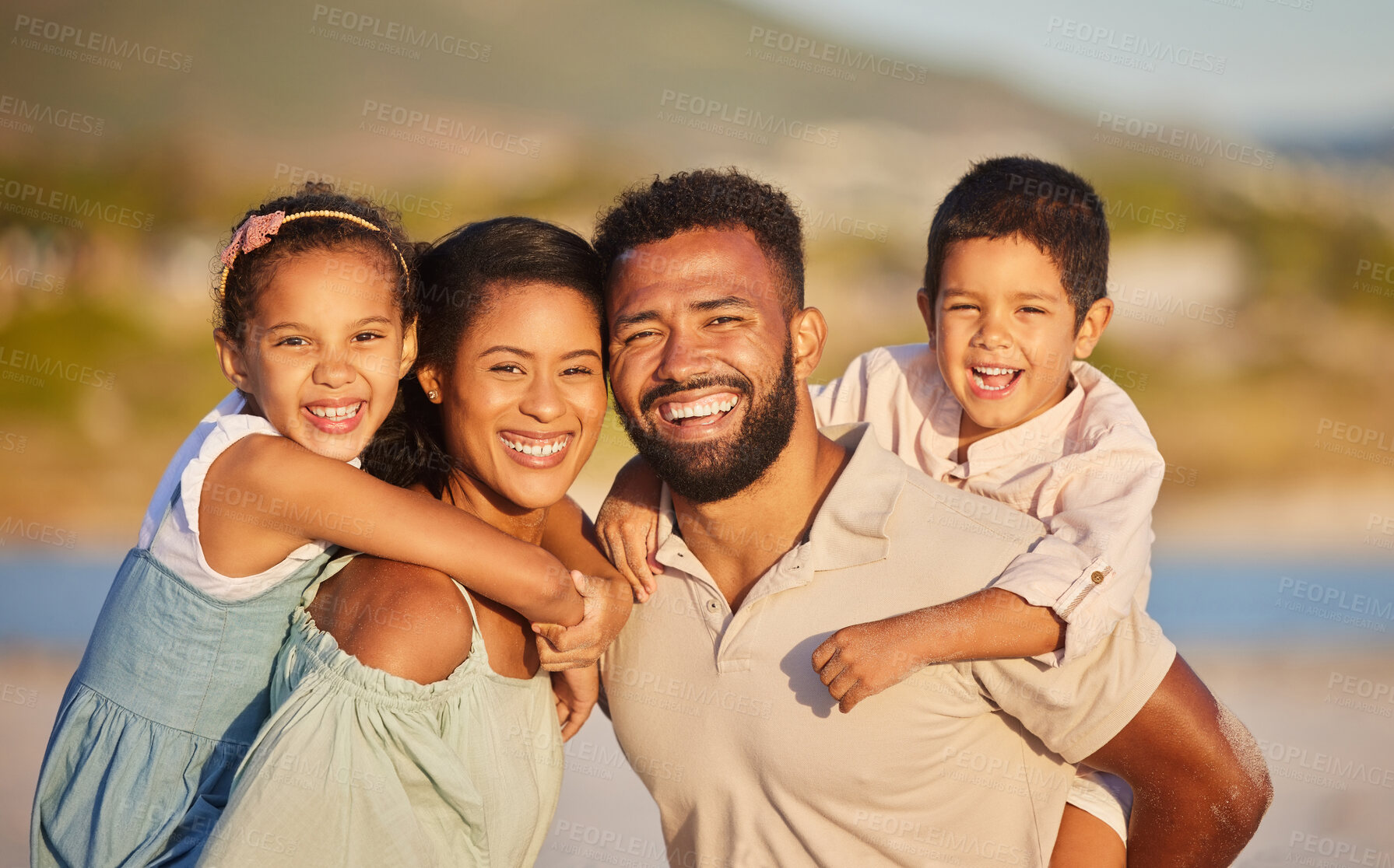 Buy stock photo Family, parents piggyback children on beach, travel and smile in portrait with love and vacation with mockup space. Man, woman with kids and tourism in Mexico with happiness bonding together outdoor 