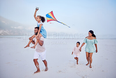 Buy stock photo Kite, beach or parents running with happy kids on fun holiday vacation together with happiness. Smile, children siblings or mom playing with girl or boy on family time with father at sea in Mexico 