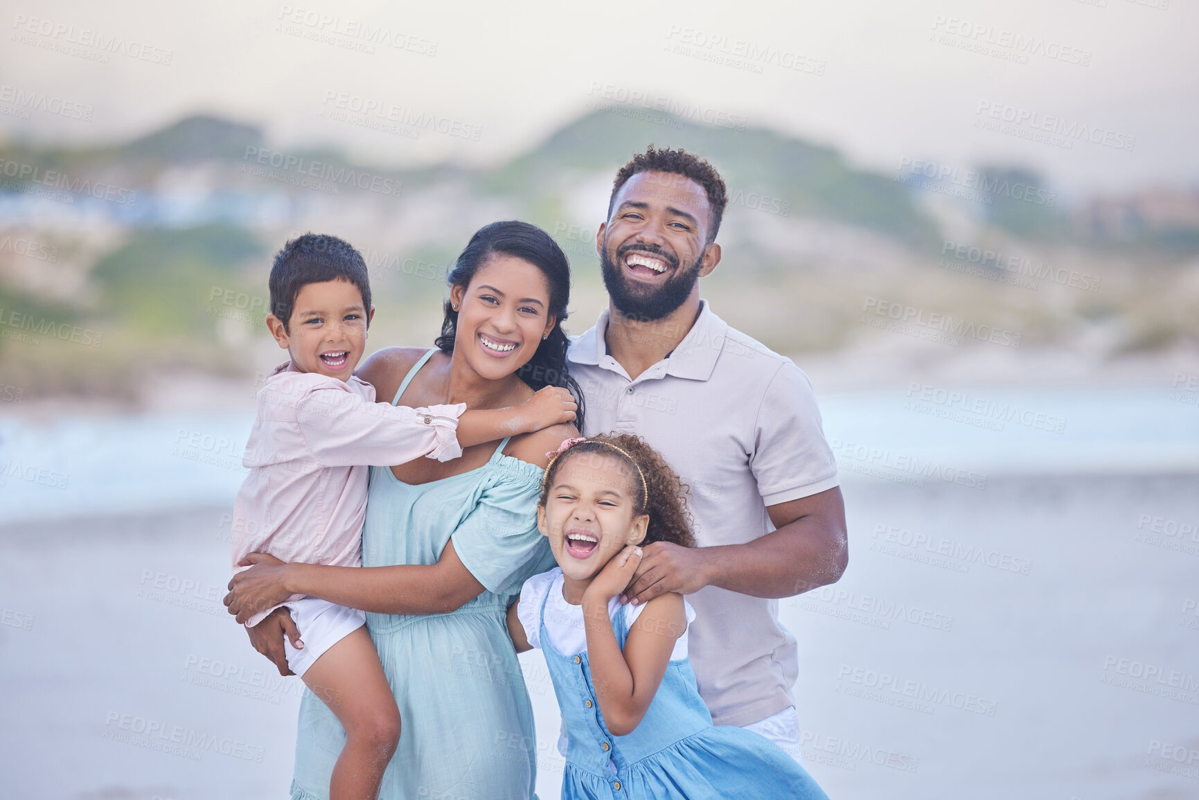 Buy stock photo Family, parents or portrait of happy children on beach to travel with joy, smile or love on holiday vacation. Mom, funny or father with kids laughing in Mexico with happiness bonding together at sea