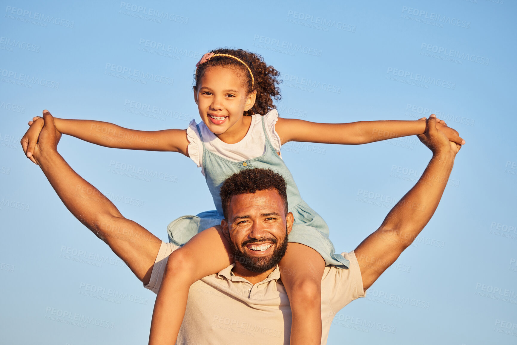Buy stock photo Love, sky or portrait of father with a girl child on a holiday vacation together with happiness in summer. Smile, faces or dad smiling or holding hands in family time with a happy young kid in Mexico
