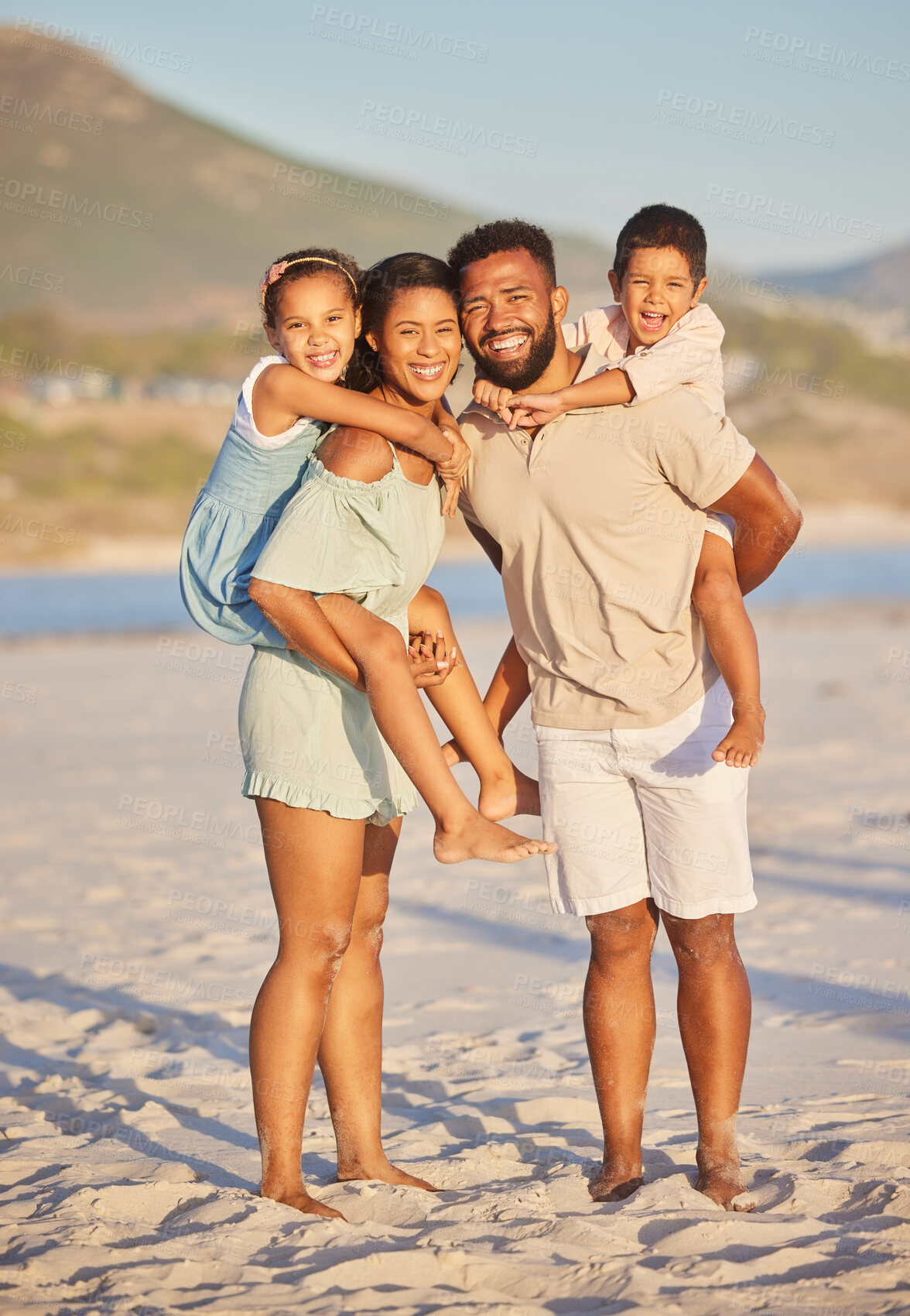 Buy stock photo Mother, father or portrait of happy kids at beach to travel with a smile, joy or love on holiday vacation. Mom, piggyback or dad with children as a family in Mexico with wellness bonding together