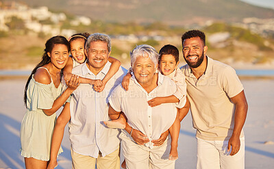 Buy stock photo Happy family, grandparents or portrait of kids at sea to relax on holiday vacation together in Mexico. Dad, mom or children siblings love bonding or smiling with grandmother or grandfather at beach