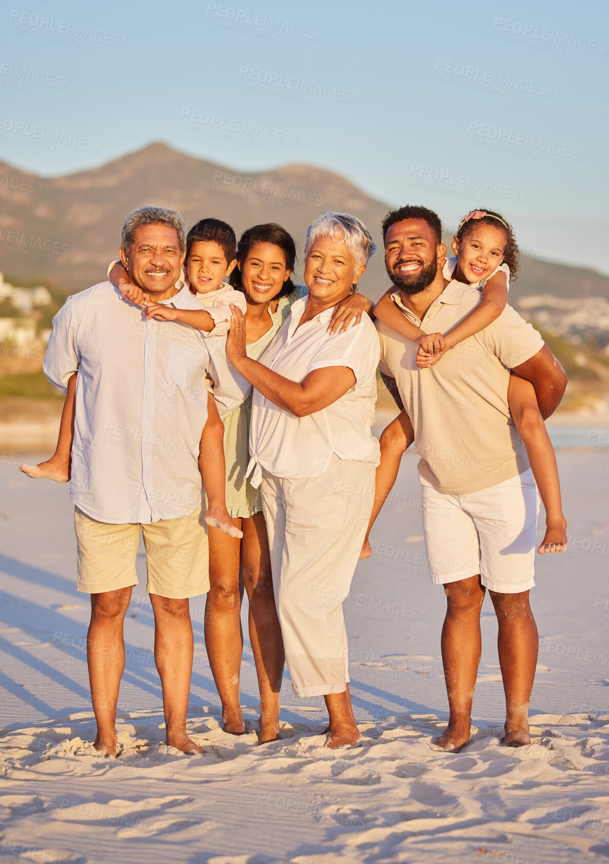 Buy stock photo Big family, smile or portrait of happy kids at sea with grandparents on holiday vacation together. Dad, mom or children siblings love bonding or smiling with grandmother or grandfather on beach sand 