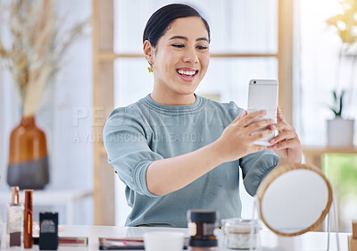 Buy stock photo Influencer, cosmetics or happy woman woman taking selfie or live streaming on social media or online network. Smile, pictures or beautiful girl recording skincare or beauty treatment on mobile app 