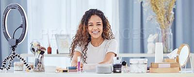 Buy stock photo Portrait of makeup influencer, smile and woman streaming tutorial for beauty, fashion and broadcast for cosmetics. Live stream, product and happy face of content creator girl or make up artist vlog.