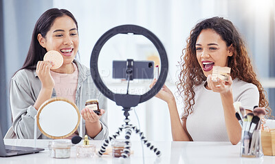 Buy stock photo Influencer women, makeup tutorial and friends with beauty blog, together and wellness with teaching on web. Girl, teamwork and cosmetics on social media with product, ring light and talk to audience