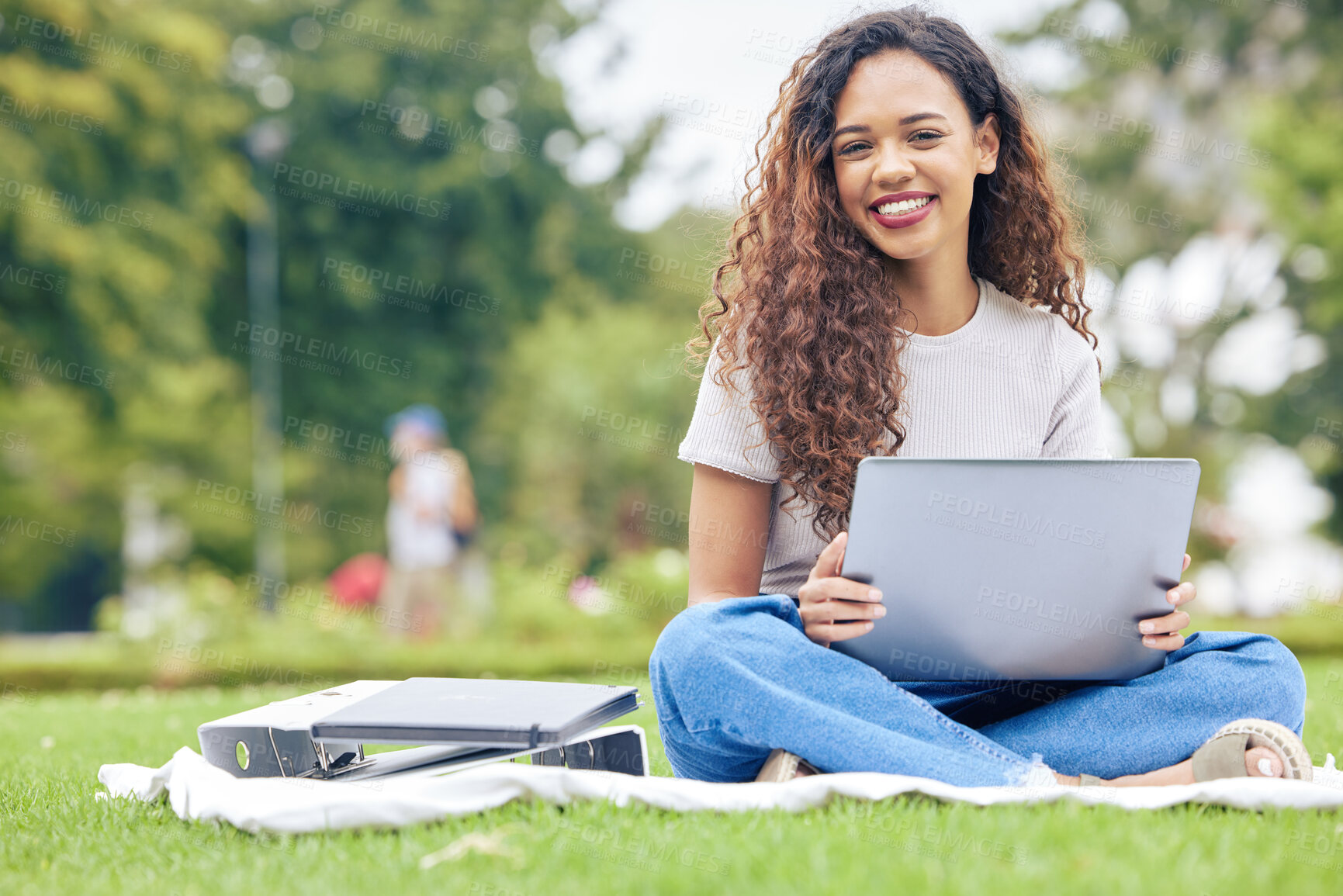 Buy stock photo Study, laptop and portrait of woman in park for education, relax and college research. Elearning, university and scholarship with student on grass lawn for technology, school report and online exam