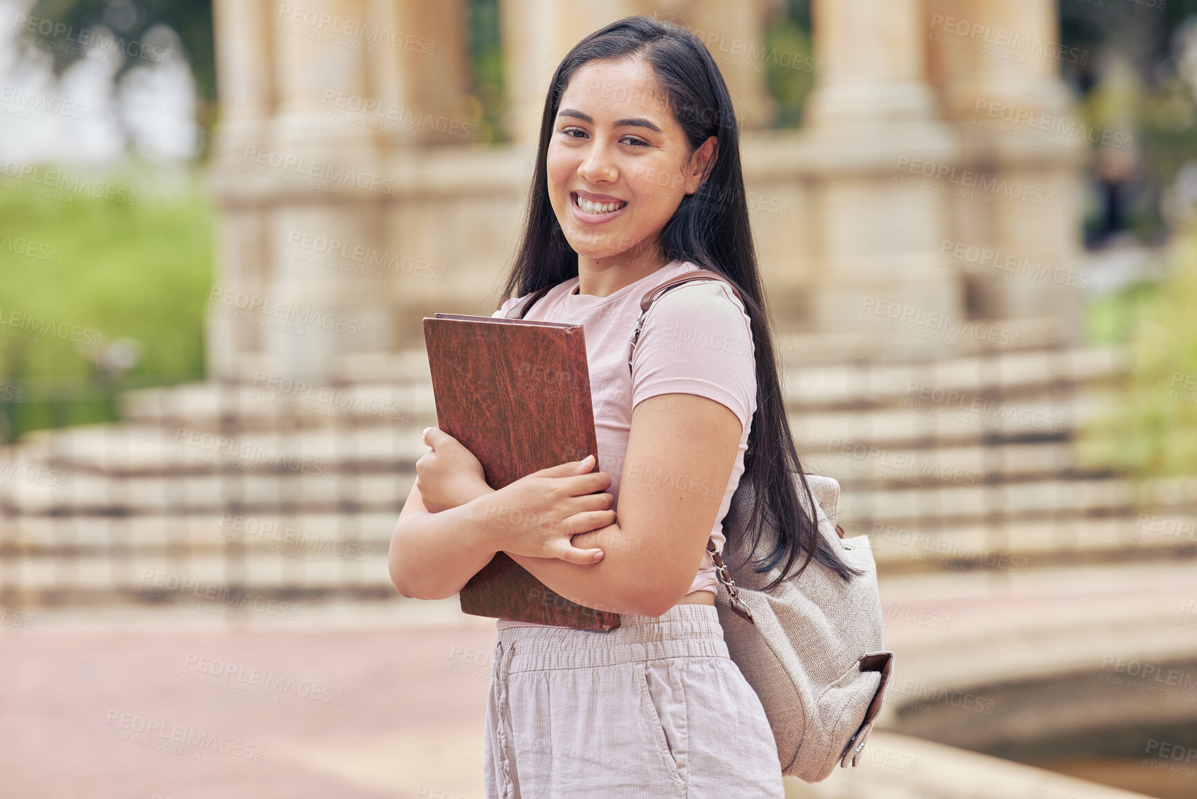 Buy stock photo University student, woman and tablet for campus portrait with smile, backpack and walking with pride. Gen z girl, digital touchscreen and happy for learning, education and scholarship at college